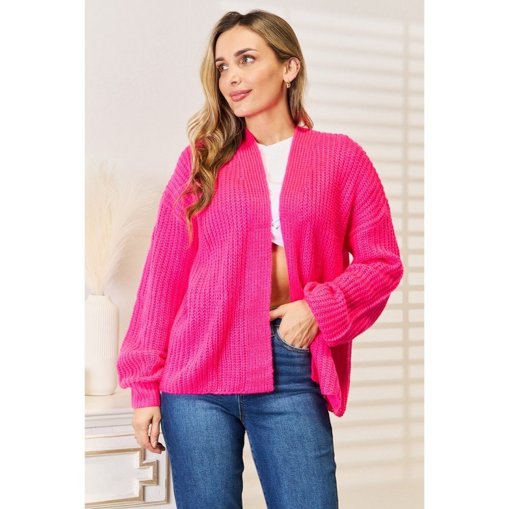 Woven Right Rib-Knit Open Front Drop Shoulder Cardigan
